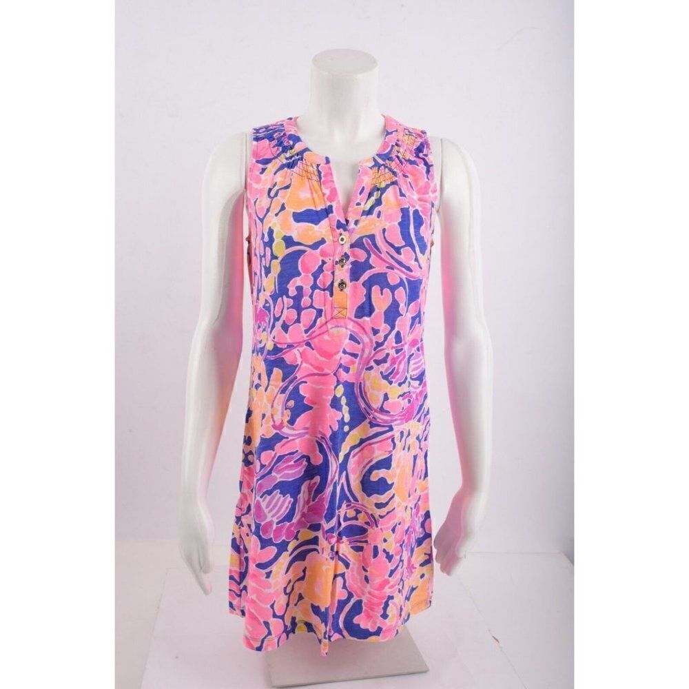Lilly Pulitzer Essie Dress Shift Brilliant Blue Catch Release Pink Cotton XS